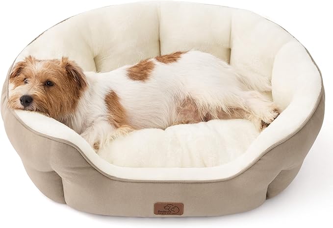 Bedsure Dog Bed for Medium Dogs - Round Washable Medium Pet Bed, Anti-Slip Donut Fluffy Plush Indoor Fur Cat Bed, 28 inches, Camel