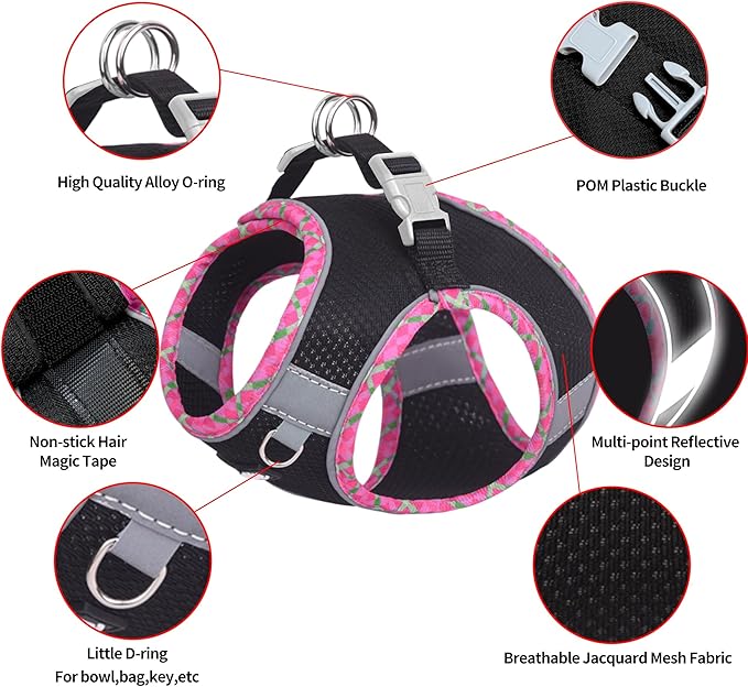 AIITLE Teacup Puppy Harness with Leash - Adjustable Soft Vest with Magic Tape & Reflective Safety Strips, Easy-Put-On for Poodles, Pomeranians - Gym, Hiking, Travel (Black, S)