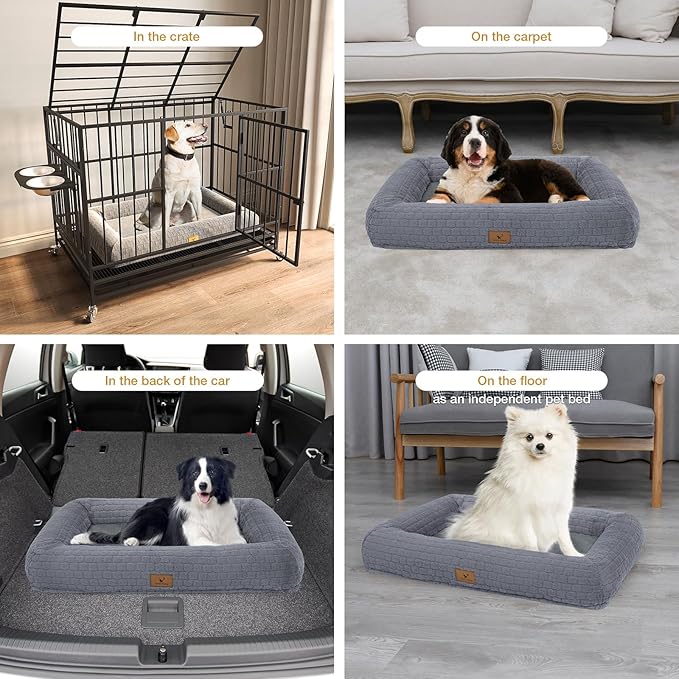 Plush Orthopedic Dog Bed for Medium Large Dogs, Memory Foam Bolster Sofa Bed with Removable Washable Cover, Waterproof Lining & Non-Slip Bottom (Grey-L)