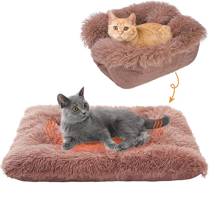 SCENEREAL Self Warming Cat Bed, Heated Cat Bed Mat for Cats Small Dogs, 2 in 1 Soft Plush, Washable Pet Pad for Indoor Outdoor Kitten Puppy, Brown 24" x 20"