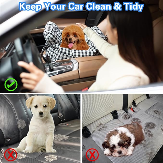 Dog Car Seat for Small Dogs, Portable Puppy Car Seat of Easy Installation, Fashionable Pet Carrier Bag with Large Pockets, Machine Washable Dog Booster Seat (Striped Khaki)