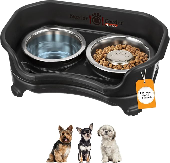Neater Feeder Express Mess Proof Dog Bowls Elevated for Small Breed – Made in USA – No Spill Raised Slow Feeder Elevated Dog Bowl Stand, Stainless Steel Food and Water Bowl Set, Black