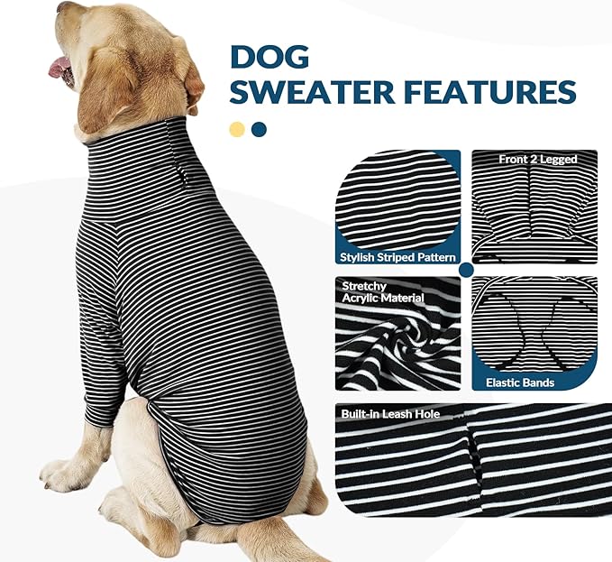 ROZKITCH Dog Pajamas Large Sized Girl Boy, Striped Sweatshirts for Pet Fall Winter Spring, Lightweight T Shirt with Front Legs for Labrador Retriever,Australian Shepherd Blackwhite XL