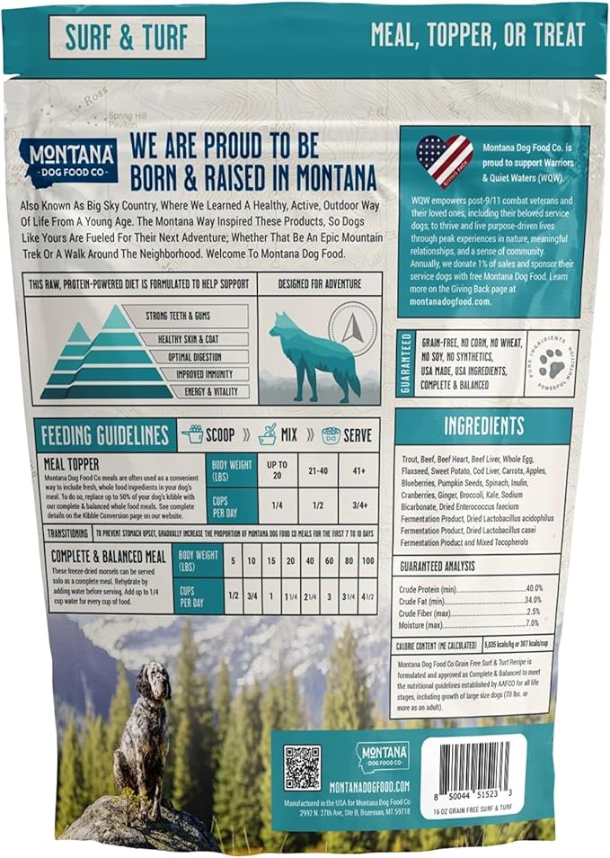 MONTANA DOG FOOD CO. Freeze-Dried Raw Surf & Turf Recipe Dog Food – Grain-Free, High-Protein Meal or Topper, Made in USA with USA Ingredients -6.4 oz Bag