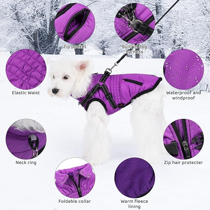 Gyuzh Dog Coat with Harness,Dog Coats for Small Dogs,Warm Fleece Winter Puppy Jacket,Waterproof Jacket with Harness Built in for Small Medium Large Dogs