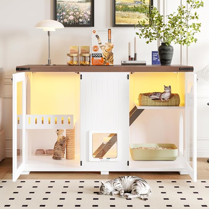 Large Cat Litter Box Enclosure with LED Light, Hidden Cat Litter Box Furniture with Smart 4-Way Locking Door, Cat Pet Storage Cabinet Side Table with Scratching Post, Stairs & Acrylic Doors