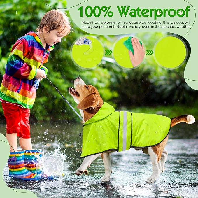 Weesiber Dog Raincoat, Waterproof Dog Rain Jacket with Leash Hole, Reflective Puppy Rainwear Hooded Pet Poncho Slicker for Walking (XL, Green)