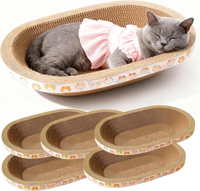 Spindro 5 Pack Large Cat Scratcher Cardboard, Oval Cat Scratcher Bed Cat Scratch Pad Board Lounge Couch for Indoor Cats Bowl Shaped Cat Scratching Post Nest for Cats Grinding Claw Furniture Protector
