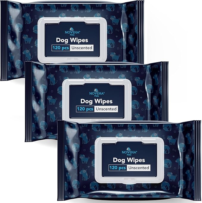 NOVEHA 360PCs Dog Wipes - Odor Eliminating and Cleaning Grooming Wipes for Dog's Paws, Body, and Butt - Perfect for Puppy and Adult Dogs - Plant-Based, Safe, Convenient & Large Unscented Wipes - 3pack