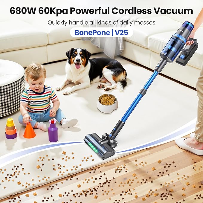 V25 Cordless Vacuum Cleaner, 680W 60Kpa Powerful Stick Vacuum with Dust Sensor, Digital Display, 4000mAh Rechargeable Battery up to 60Mins, Versatile for Pet Hair, Floor, Carpet