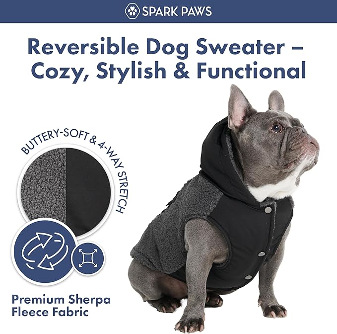 Spark Paws Reversible Fleece Dog Jacket, Hooded Sweater Vest, Warm Coat for Winter - Suitable for Small Medium Large XL XXL Dogs - Black and Grey - S