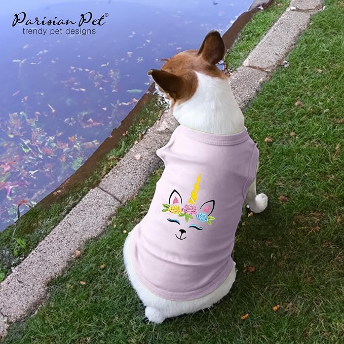 Parisian Pet Dog Tshirt - Embroidered Unicorn Girl Pet Vest - 100% Cotton, Lightweight Dog Clothes, Female Tank Top - Sleeveless Pink Tee Shirts for Large Dogs - 2XL