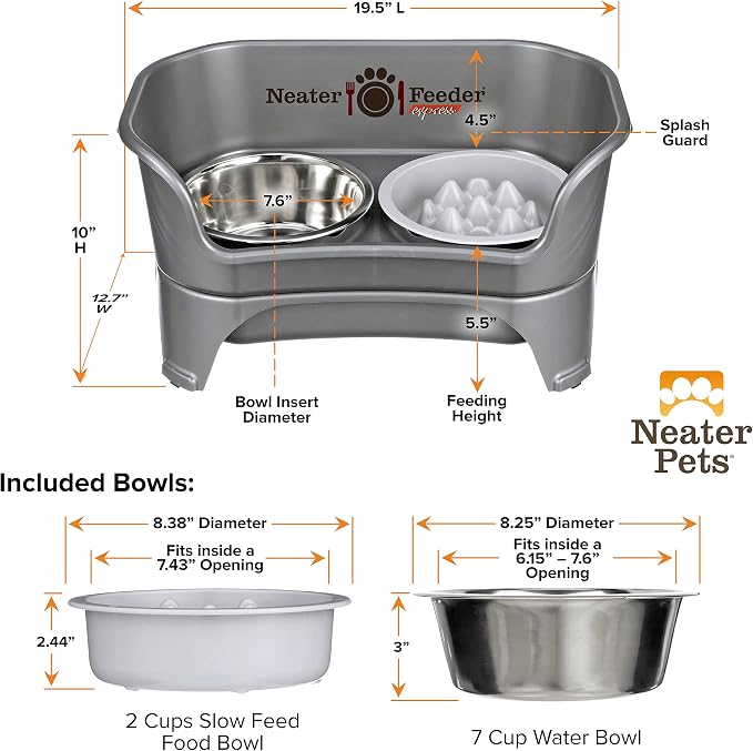 Neater Feeder Express Mess Proof Dog Bowls Elevated for Medium and Large Breed – Made in USA – No Spill Raised Slow Feeder Elevated Dog Bowl Stand, Slow Feed Food and Water Bowl Set, Grey