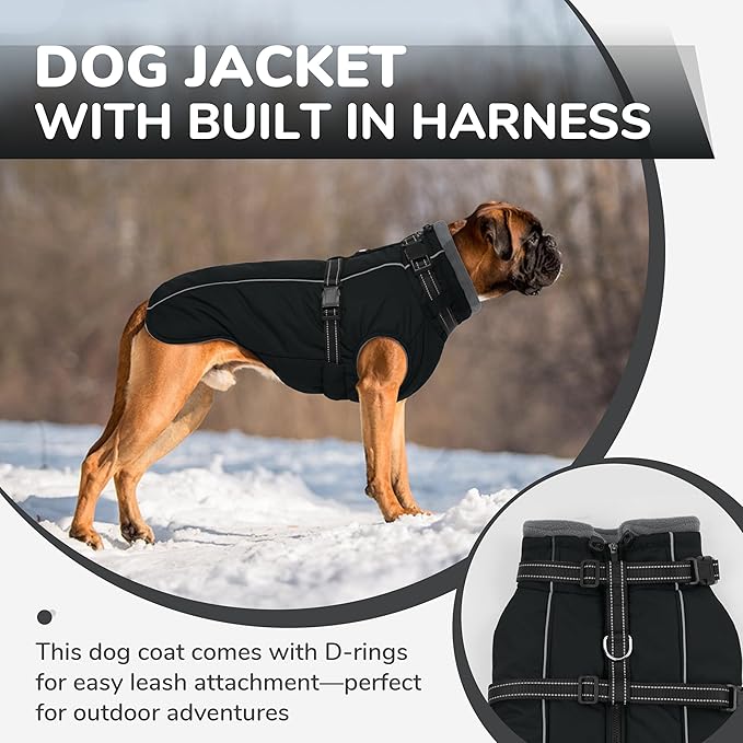 PUMYPOREITY Winter Fleece Coat for Small Dogs, Reflective Dog Jacket with Harness Built in, Waterproof Warm Coat for Dogs, Cold Weather Coats for Outdoor, Therma Windproof Pet Snowsuit, Black, S