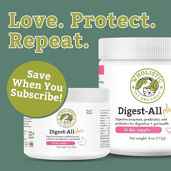 Wholistic Pet Organics Probiotics for Dogs with Digestive Enzymes & Prebiotic Fiber - 4 Oz - Daily Cat & Dog Probiotics for Digestive Health, Anti Diarrhea & Gut Support - Natural Powder Supplement