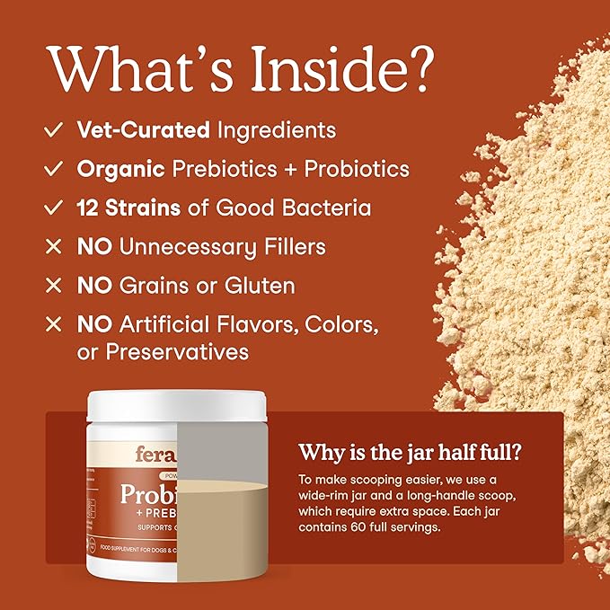 Fera Pets Probiotics for Dogs & Cats with Prebiotics - USDA Organic - Gut Health Powder Supplement with 12 Strains and 5 Billion CFUs - Supports Immunity, Energy and Skin & Coat - 60 Scoops