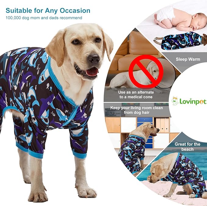 LovinPet Dog Pjs Large Breed - Pet Anxiety Relief, Anti-Shedding Dog Pajamas, Lightweight Stretchy Fabric, Whale Hello There White Print, Large Pitbull Pajamas, Pitbull Clothes All Season/Medium