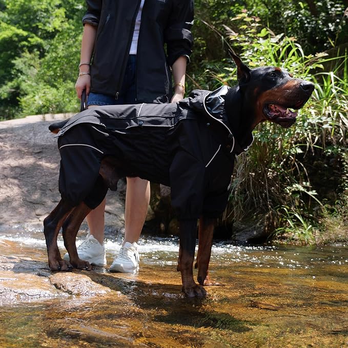 LOVELONGLONG Fleece-Lined Dog Raincoat with Removable Hood – Waterproof Winter Full Body Dog Jacket – Windproof Snowproof Cold-Weather Suit – Black-F M