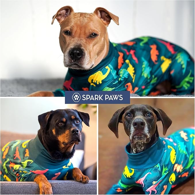 Spark Paws Dog Pajama, Dog Recovery Suit Male, Onesie, Ultra-Soft and 4-Way Stretch, for Small Medium and Large Breeds - Dinosaurs - L