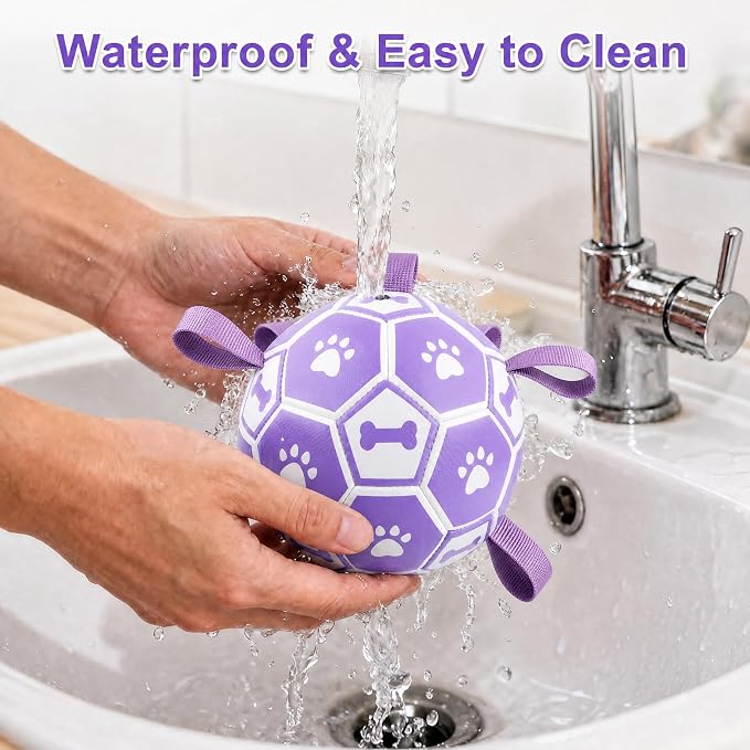 Dog Soccer Ball with Straps, 6 Inch Herding Dog Ball Toys Dog Birthday Toy, Balls for 20-40lbs Dogs, Outdoor Puppy Toys for Small Medium Dogs, Interactive Toy for Tug, Water Toy Ball,Purple