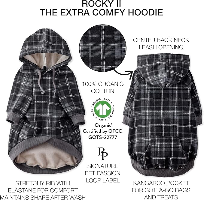 Rocky II - The Extra Comfy Hoodie, Organic Cotton and Recycled Poly Dog Hoodie Pet Coat Sweater for Small, Medium, Large Dogs, Black Sand Plaid, XX-Small