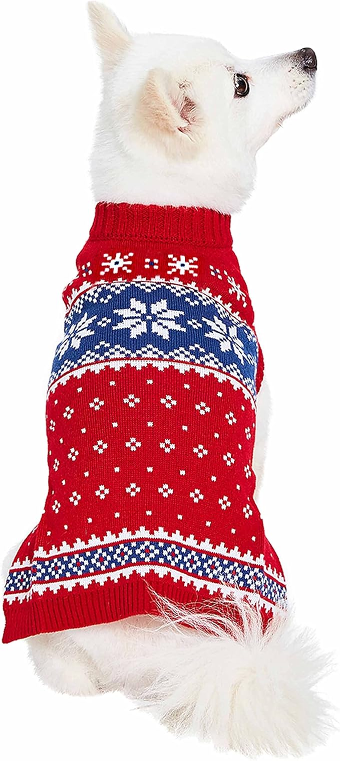 Blueberry Pet Christmas Snowflake Dog Sweater in Festive Red, Back Length 10", Pack of 1 Clothes for Dogs