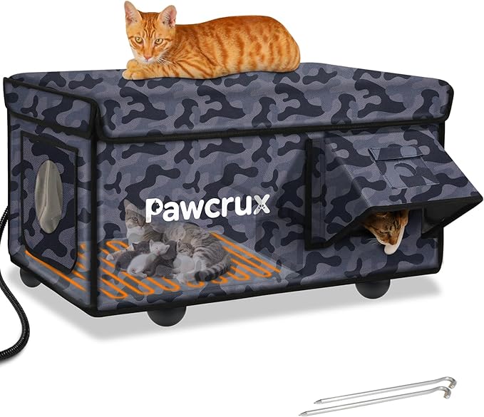 Weatherproof Heated Cat House for Outdoor in Winter, Heated Cat Bed Kitty Shelter with Cat Heating Pad, Insulated & Safe Escape Door, Warm Home for Outside Stray Cat