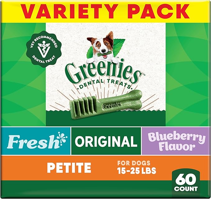 Greenies Veterinarian-Recommended Adult Natural Dental Dog Treats Petite Size, Original Flavor, Sweet Potato Flavor, and Blueberry Flavor, (3) 12 oz. Packs, 60 Count