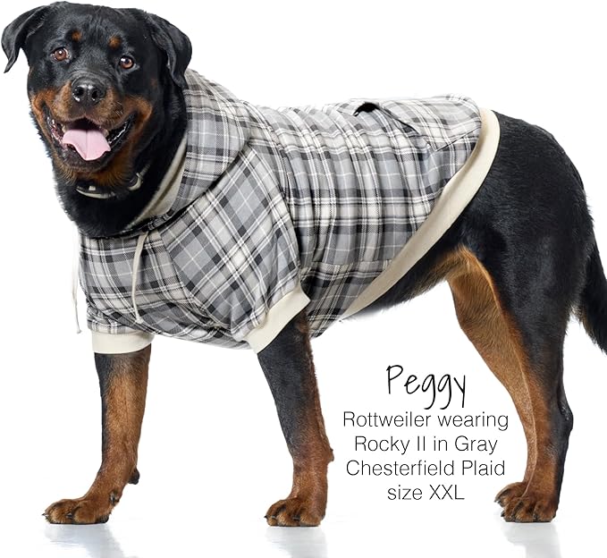 Rocky II - The Extra Comfy Hoodie, Organic Cotton and Recycled Poly Dog Hoodie Pet Coat Sweater for Small, Medium, Large Dogs, Gray Chesterfield Plaid, X-Large