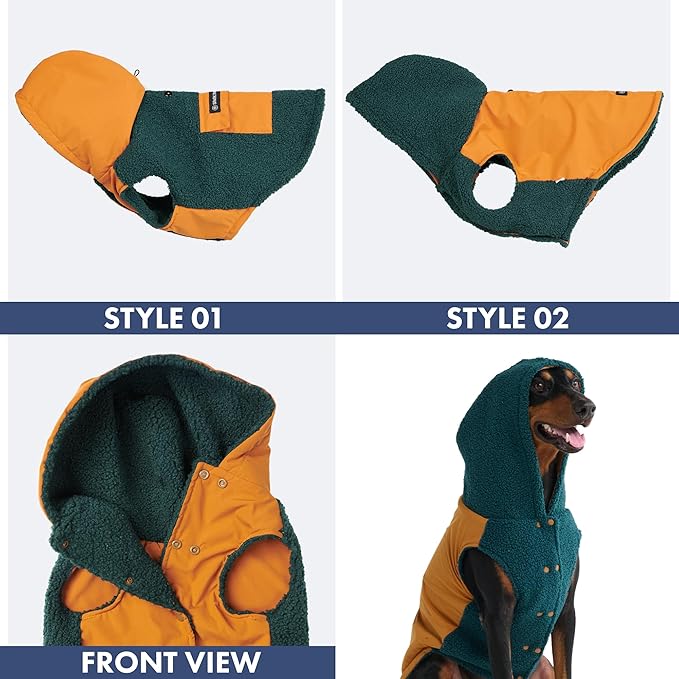 Spark Paws Reversible Fleece Dog Jacket, Hooded Sweater Vest, Warm Coat for Winter - Suitable for Small Medium Large XL XXL Dogs - Orange and Green - 3XL