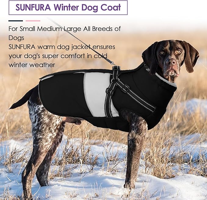 SUNFURA Dog Coat for Large Dogs, Warm Pet Jacket Winter with Harness Built in, Waterproof Pet Snow Jacket with Furry Collar, Reflective Fleece Snowsuit for Extra Large Dogs, Black XL