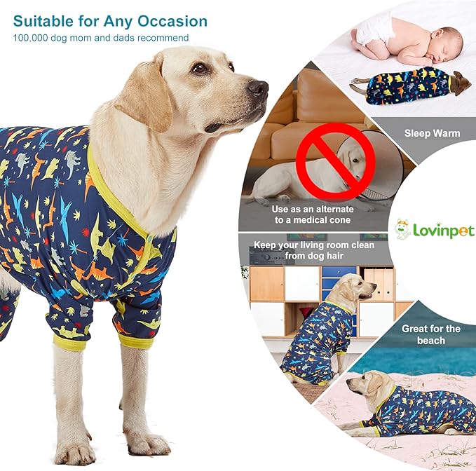 LovinPet Big Dog Pajamas for Large Dogs/Prehistoric Adventure Dinosaur Navy Print/Lightweight Stretchy Knit Pullover Dog Clothes/Large Dog Onesie, Pet Pajamas for Dogs, Pet PJ's/XL