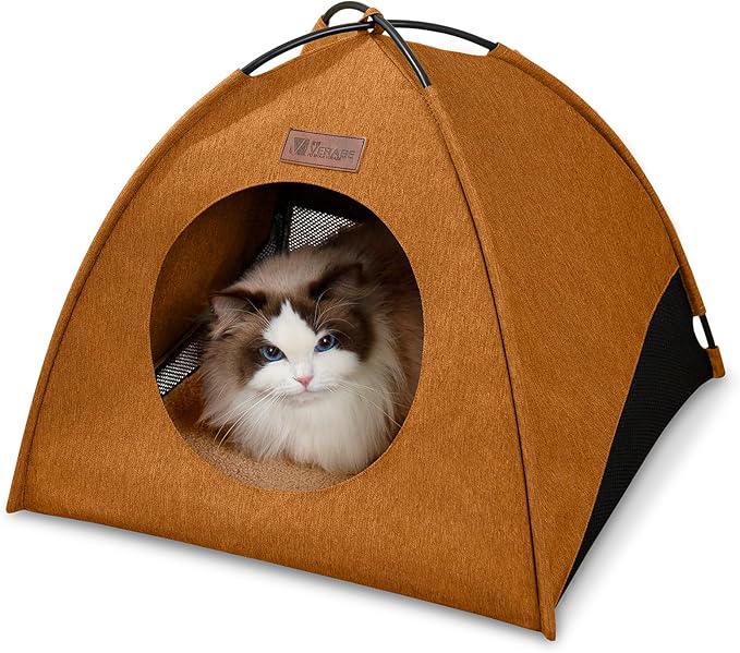 VERABE Cat Tent, Waterproof Indoor Outdoor Cat House Bed with Removable Cushion - All-Season Assembly-Free Cozy Cave for Cats &Small Dogs (Small, Yellow-Brown)