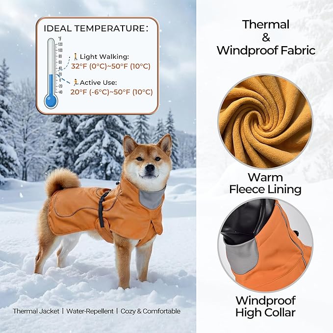 Softshell Dog Winter Vest, Fleece Lined Water-Repellent Jacket for Hiking & Running, Adjustable Windproof Winter Coat with Anti-Slip Leg Straps for Active Dogs (Aurantium, Small)