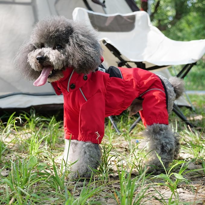 LOVELONGLONG Waterproof Dog Raincoat with Removable Hood – Outdoor Full Body Dog Jacket, Windproof Snowproof Shell Suit – All Season Pet Rain Gear Red M