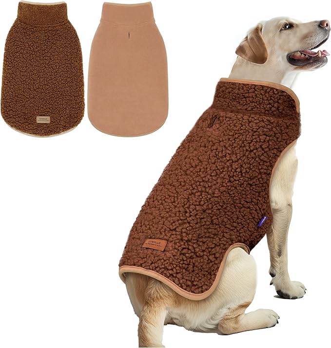 cyeollo Warm Dog Coat Fleece Sherpa Winter Sweater Coats, Turtleneck Dog Jacket Vest for Medium Large Big Dogs with Leash Hole, Soft Reversible Pet Coats for Cold Weather, Brown, XXXL