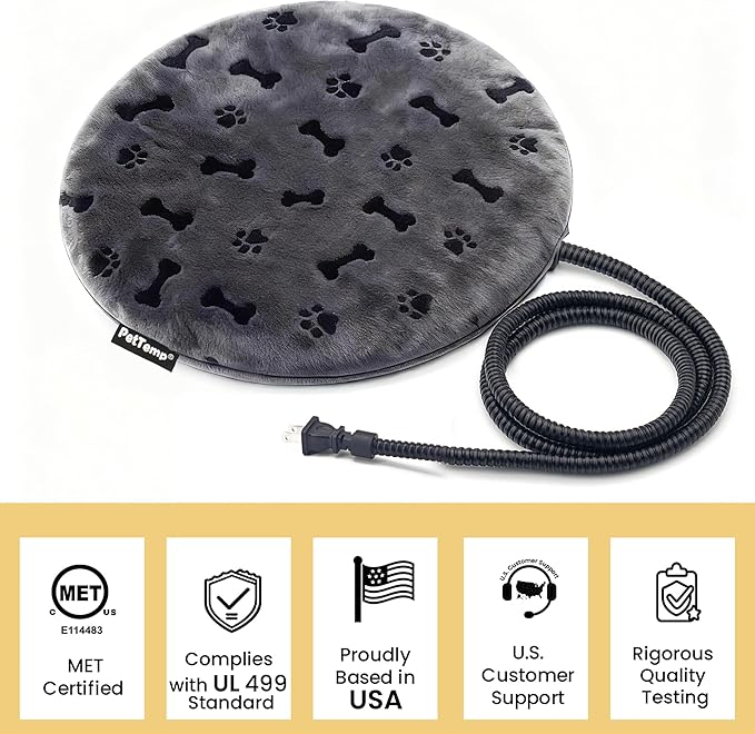 PetTemp Pet Heating Pad for Cats Dogs Indoor & Sheltered Outdoor Waterproof Heated Cat Bed Heated Dog Bed Chew Resistant Cord Constant Temperature Gray Paw Print Round 16 Inch