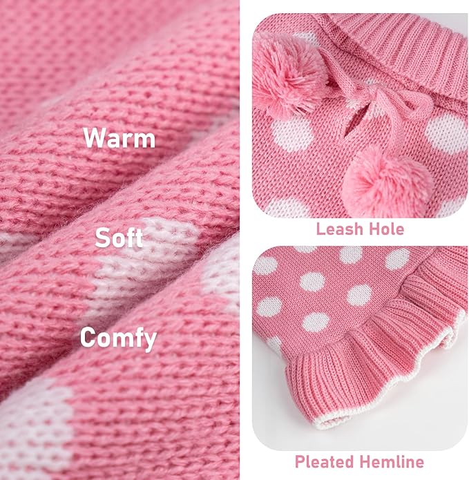 KYEESE Valentines Dog Sweater Dress, Warm Dog Sweaters for Small Dogs Girl Cats Dogs Clothes, Pullover Cozy Knit Pet Apparel with Leash Hole, Pink Dot, XS