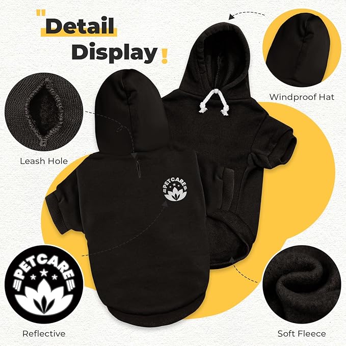 PETCARE Dog Hoodie Sweaters for Small Medium Dogs Cats Cute Soft Warm Fleece Puppy Sweaters Dog Clothes Hoodies Sweatshirt Reflective Fall Winter Chihuahua Yorkie French Bulldog Outfits, Black
