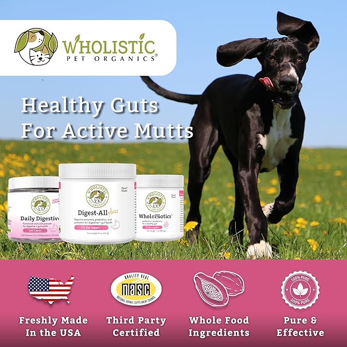 Wholistic Pet Organics Probiotics for Dogs with Digestive Enzymes & Prebiotic Fiber - 4 Oz - Daily Cat & Dog Probiotics for Digestive Health, Anti Diarrhea & Gut Support - Natural Powder Supplement