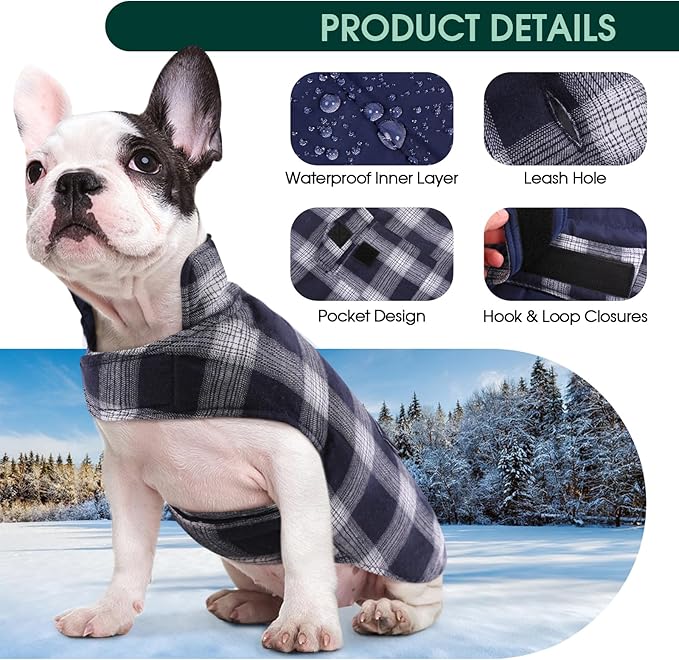 Kuoser Dog Winter Coat, Reversible Dog Jacket, Warm Doggie Coat British Style Puppy Cold Weather Vest, Windproof Pet Clothes Vest for Small Dogs, Blue S