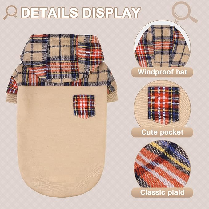 Plaid Dog Hoodie - Warm Dog Sweater with Hat & Leash Hole, Soft Pullover Fleece for Small-Medium-Large Dogs