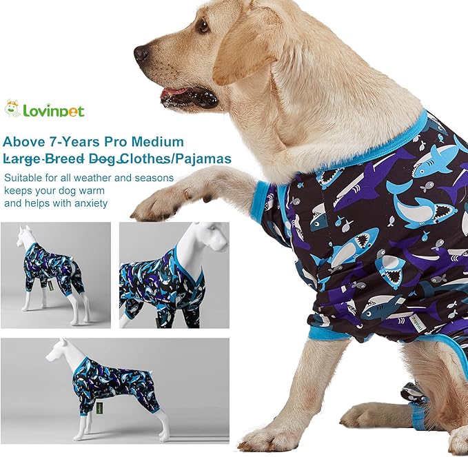 LovinPet Dog Pjs Large Breed - Pet Anxiety Relief, Anti-Shedding Dog Pajamas, Lightweight Stretchy Fabric, Whale Hello There White Print, Large Pitbull Pajamas, Pitbull Clothes All Season/Medium