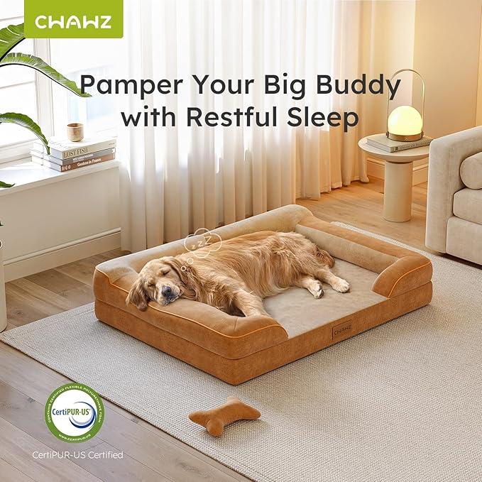 Jumbo Dog Bed for Extra Large Dogs, Orthopedic Dog Bed with Cooling Gel Memory Foam, Waterproof Pet Bed with Removable Washable Cover, 45" Pet Sofa Couch Dutch Velvet with Bone Toy, Brown