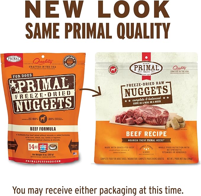 Primal Freeze Dried Raw Dog Food Nuggets, Beef, Complete & Balanced Meal, Also Use as Topper or Treat, Premium, Healthy, Grain Free, High Protein Raw Dog Food, 14 oz (Pack of 2)