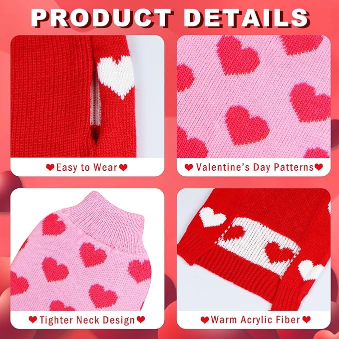 2 Pack Valentine Dog Sweater Dog Valentines Clothes Outfit Knitted Heart Sweater for Small Medium Large Dogs Pets (Red & Pink, Small)