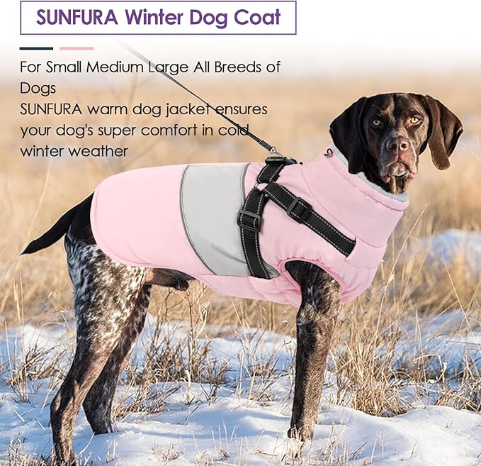SUNFURA Dog Winter Coat, Waterproof Dog Coat Jacket with Harness for Medium Breeds Boys Girls, Reflective Fleece Lined Pet Snow Jacket Sweaters for Pug, Jack Russel, Boston Terrier, Pink M