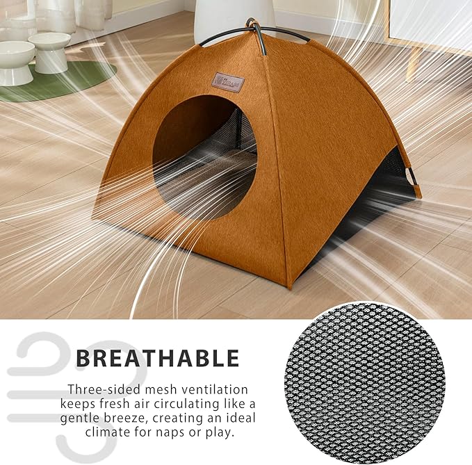 VERABE Cat Tent, Waterproof Indoor Outdoor Cat House Bed with Removable Cushion - All-Season Assembly-Free Cozy Cave for Cats &Small Dogs (Small, Yellow-Brown)
