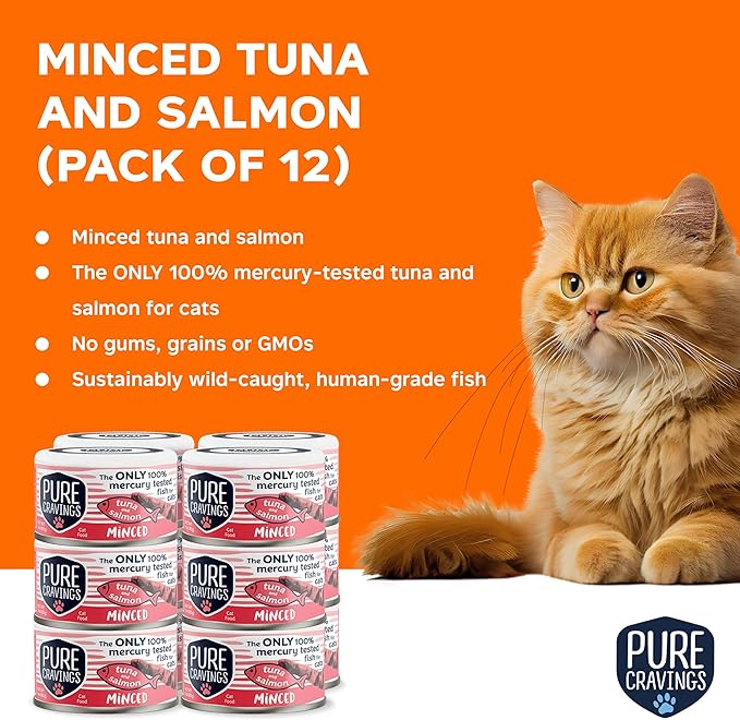 Pure Cravings Minced Tuna and Salmon Wet Canned Cat Food, 100% Mercury-Tested, Moist Can Fish for Cats, Grain-Free, Protein, Non-GMO, 3oz, Pack of 12