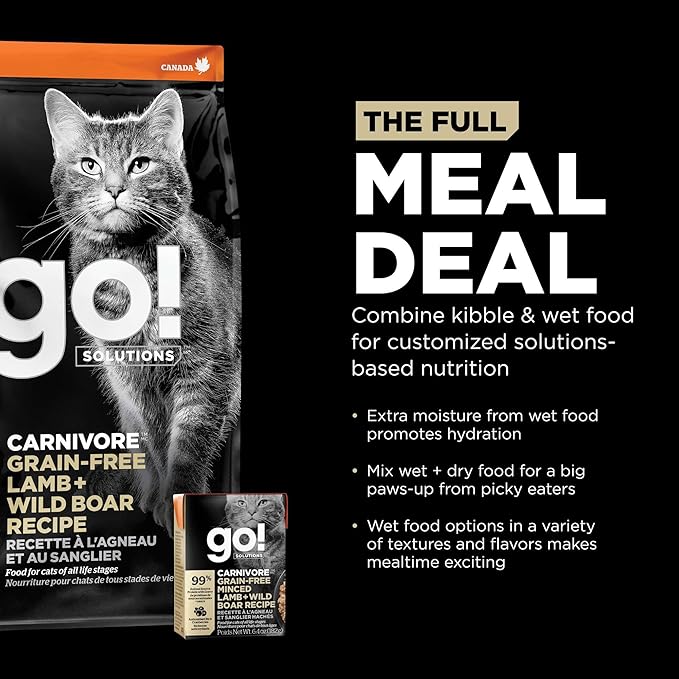 Go! Solutions Carnivore, Grain-Free, Protein Rich Wet Cat Food, Minced Lamb and Wild Boar Recipe, 6.4 oz